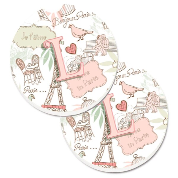 Carolines Treasures Letter L Love in Paris Pink Set of 2 Cup Holder Car Coaster CJ2002-LCARC - main